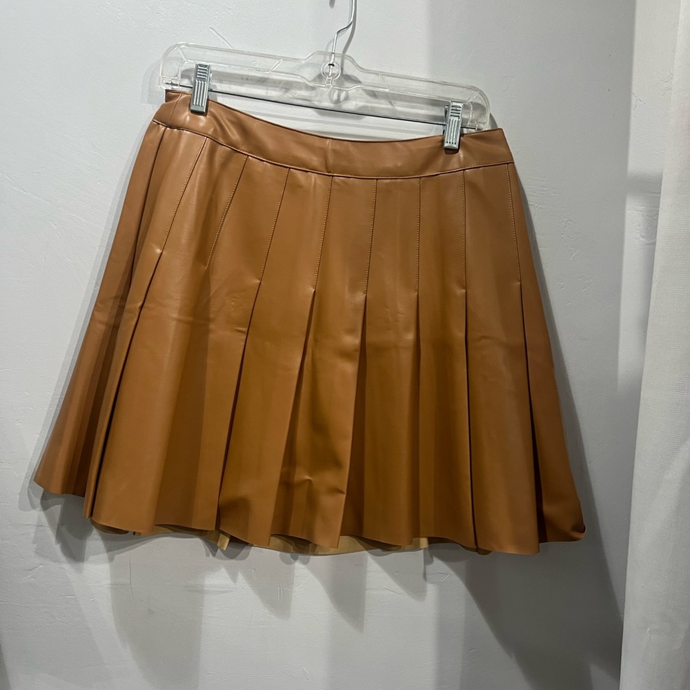 Tan pleated faux leather skirt